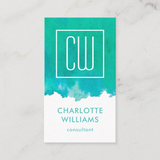 Moderne monogram Elegant Waterverf Blauwgroen Vert Visitekaartje (Voorkant)