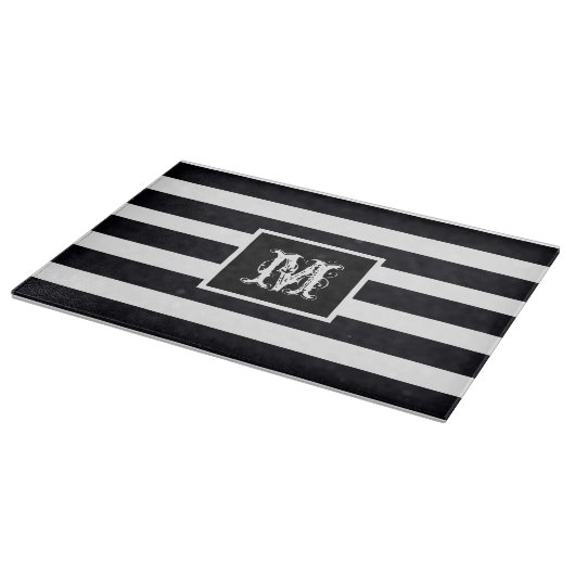 Moderne monogram elegant zwart-wit stripe snijplank (Hoek)