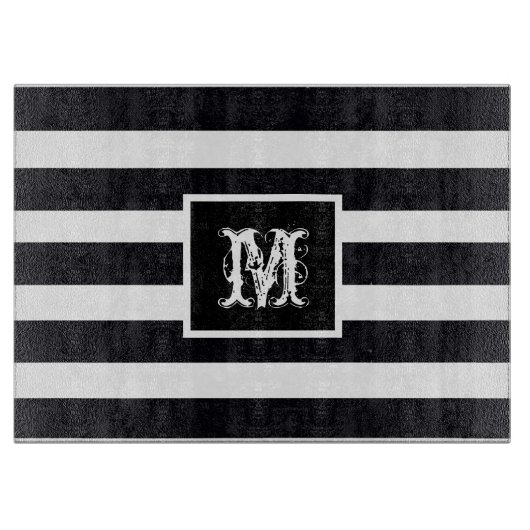 Moderne monogram elegant zwart-wit stripe snijplank (Voorkant)