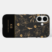 Moderne Monogram Elegante Zwarte Gouden Bloemmotie Case-Mate iPhone Case (Achterkant (horizontaal))