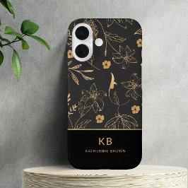 Moderne Monogram Elegante Zwarte Gouden Bloemmotie iPhone 16 Hoesje