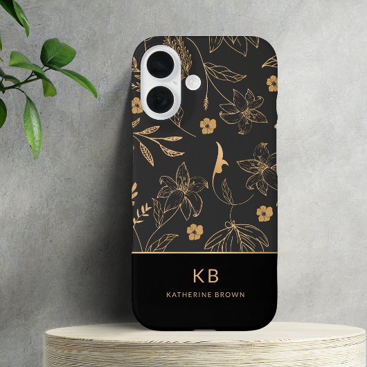 Moderne Monogram Elegante Zwarte Gouden Bloemmotie Case-Mate iPhone Case