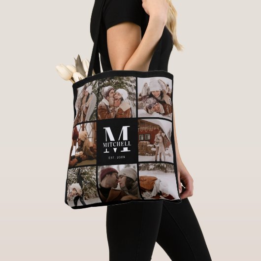 Moderne Monogram en Fotocollage Gepersonaliseerd Tote Bag (Dichtbij)