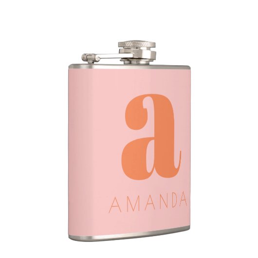 Moderne monogram en naam Roze en Oranje huwelijk Heupfles (Rechts)