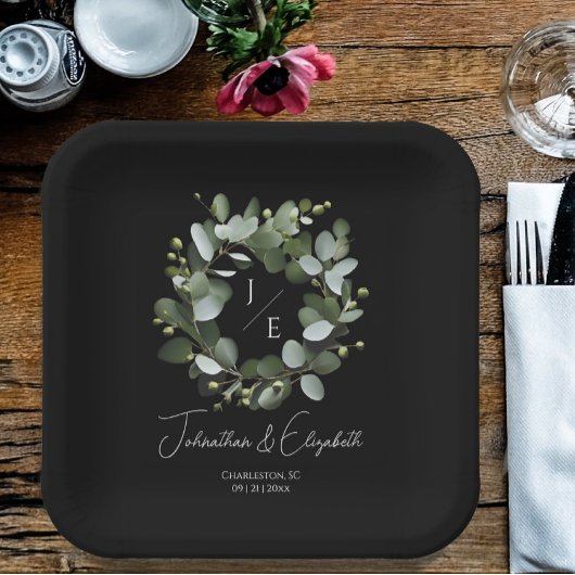 Moderne Monogram Eucalyptus Krans Trouwen Zwart Papieren Bordje