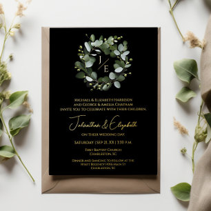 Moderne Monogram Eucalyptus Krans Zwart Folie Uitnodiging
