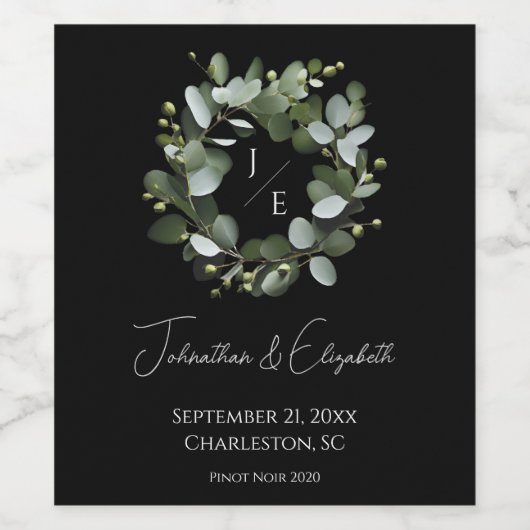Moderne Monogram Eucalyptus Krans | Zwart Wijn Etiket (Enkel label)