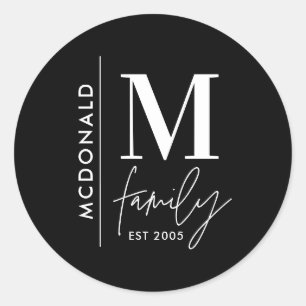 Moderne monogram familie navy, stijlvol monochroom ronde sticker