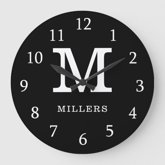 Moderne Monogram Familienaam Zwart en Wit Grote Klok (Voorkant)