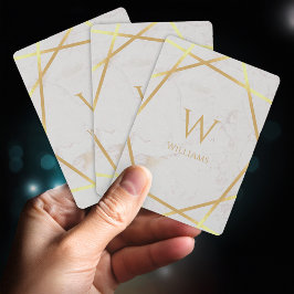 Moderne monogram Faux Gold Foil Lines White marble Pokerkaarten