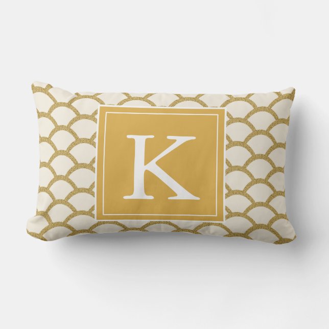 Moderne monogram Faux Gold Glitter Scallop Pillow Kussen (Voorkant)