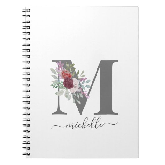 Moderne Monogram Florale Initiële Naam Notitieboek (Voorkant)