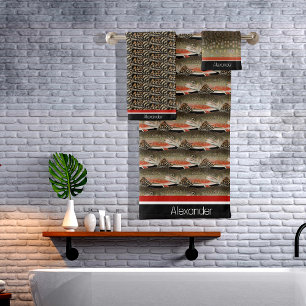 Moderne Monogram Forel Vis Ontwerp Zwart Wit Roest Bad Handdoek