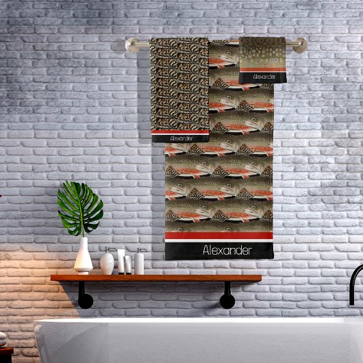 Moderne Monogram Forel Vis Ontwerp Zwart Wit Roest Bad Handdoek