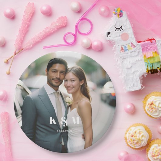 Moderne monogram foto bruiloft papieren bordje (Feest)