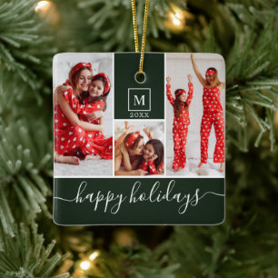Moderne Monogram Foto Collage Happy Holiday Green Keramisch Ornament