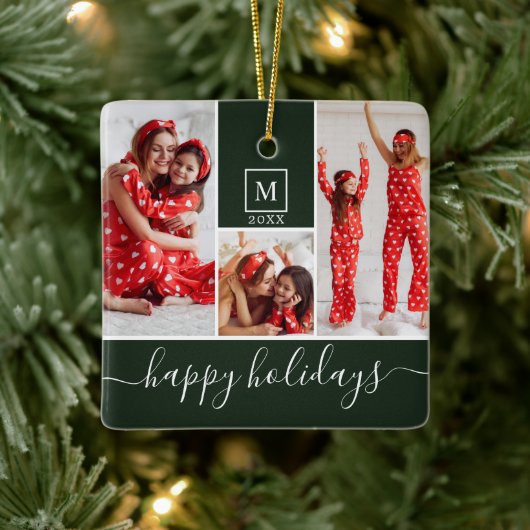 Moderne Monogram Foto Collage Happy Holiday Green Keramisch Ornament (Boom)