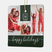 Moderne Monogram Foto Collage Happy Holiday Green Keramisch Ornament (Links)