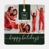 Moderne Monogram Foto Collage Happy Holiday Green Keramisch Ornament (Achterkant)