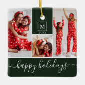 Moderne Monogram Foto Collage Happy Holiday Green Keramisch Ornament (Voorkant)