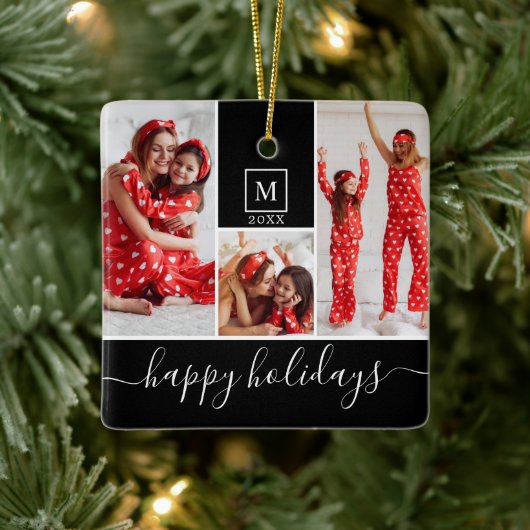 Moderne monogram foto Collage Happy Holiday Keramisch Ornament (Boom)