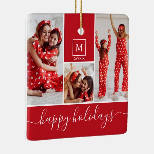 Moderne Monogram Foto Collage Happy Holiday Red Keramisch Ornament (Rechts)