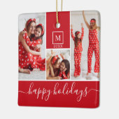 Moderne Monogram Foto Collage Happy Holiday Red Keramisch Ornament (Links)