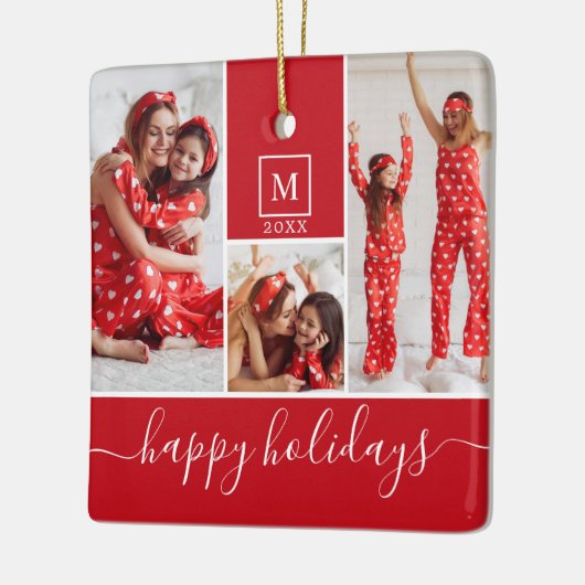 Moderne Monogram Foto Collage Happy Holiday Red Keramisch Ornament (Links)