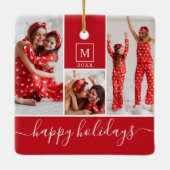 Moderne Monogram Foto Collage Happy Holiday Red Keramisch Ornament (Achterkant)