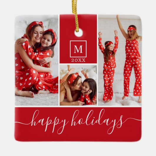 Moderne Monogram Foto Collage Happy Holiday Red Keramisch Ornament (Voorkant)