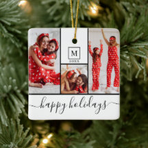 Moderne Monogram Foto Collage Happy Holiday White