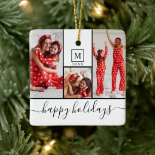 Moderne Monogram Foto Collage Happy Holiday White Keramisch Ornament