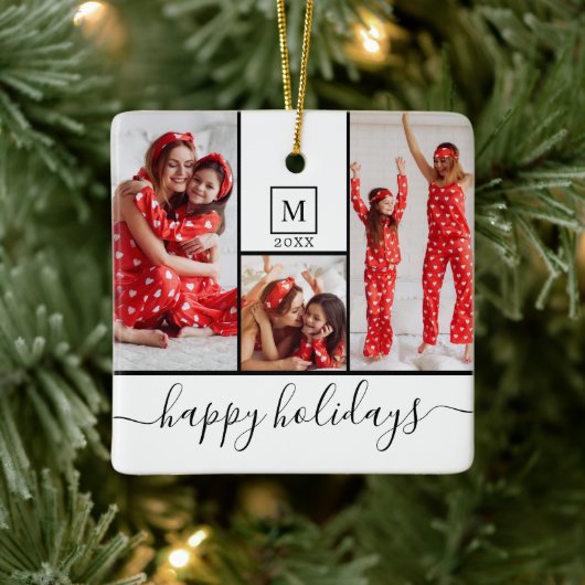 Moderne Monogram Foto Collage Happy Holiday White Keramisch Ornament (Boom)