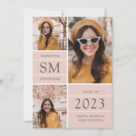 Moderne Monogram Foto Collage Roze Afstuderen Aankondiging (Voorkant)