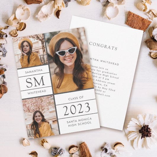 Moderne Monogram Foto Collage White Afstuderen Aankondiging
