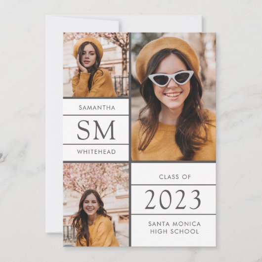 Moderne Monogram Foto Collage White Afstuderen Aankondiging (Voorkant)