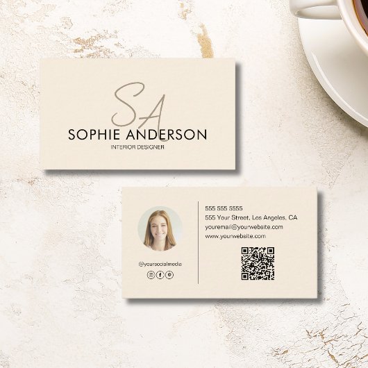 Moderne Monogram Foto QR Crème Professionele Visitekaartje