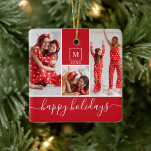 Moderne monogram fotocollage Happy Holiday Red Keramisch Ornament