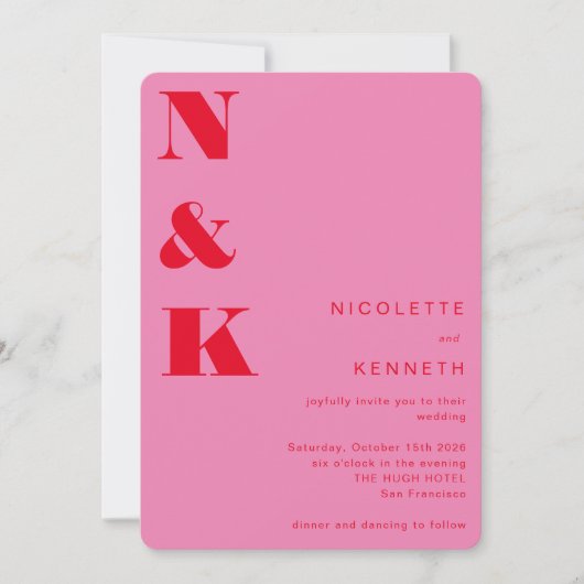 Moderne monogram, gebold, donkerroze bruiloft kaart (Voorkant)