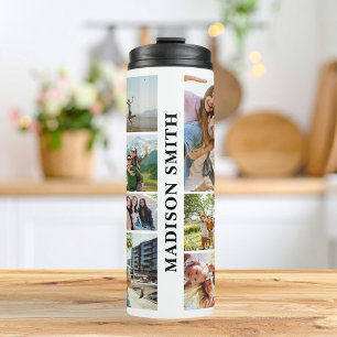 Moderne Monogram Gepersonaliseerde 12 Fotocollage Thermosbeker