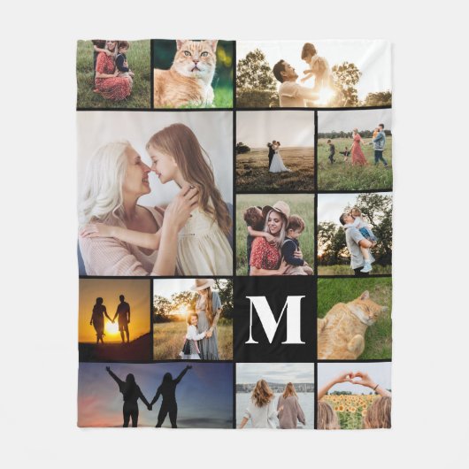 Moderne Monogram Gepersonaliseerde 14 Fotocollage Fleece Deken (Voorkant)