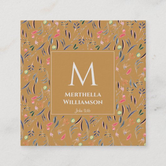 Moderne MONOGRAM Gold Bloemenaquarel Vierkante Visitekaartje (Voorkant)