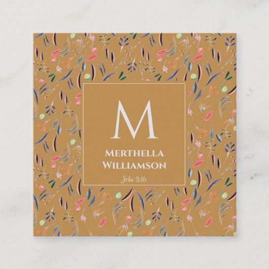Moderne MONOGRAM Gold Floral-Waterverf Vierkante Visitekaartje (Voorkant)