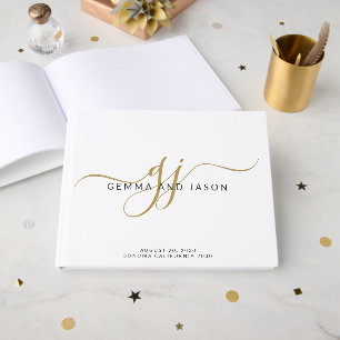 Moderne Monogram Gouden Script Naam Wit Gastenboek