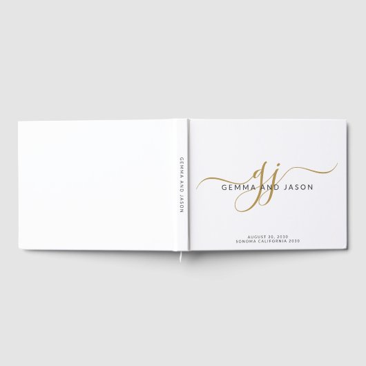 Moderne Monogram Gouden Script Naam Wit Gastenboek (Volledig)