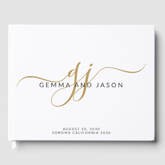 Moderne Monogram Gouden Script Naam Wit Gastenboek (Voorkant)