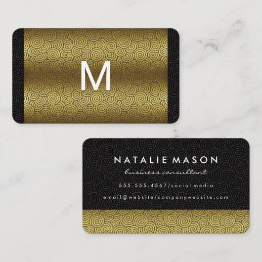Moderne monogram goudzwirlpatroon visitekaartje (Voorkant / Achterkant)