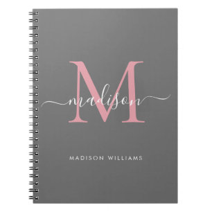 Moderne monogram grijze Blush roze meisjesnaam Notitieboek