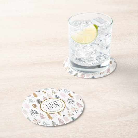 Moderne monogram, grillige winterbomen ronde kartonnen onderzetter (Insitu)