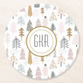 Moderne monogram, grillige winterbomen ronde kartonnen onderzetter (Voorkant)